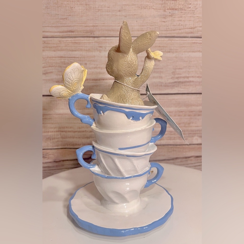 Pastel Easter Bunny in Dainty Floral Teacups with Butterflies set of 2 - Picture 4 of 5